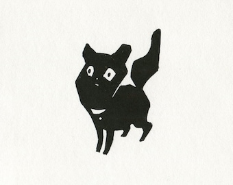 May include: Black and white illustration of a cartoon cat with big eyes and a tail.