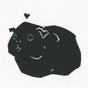 Guinea Pig Block Print - Printmaking - 7x5 Pet Art - Small Pet Print - Art - Cute Small Linocut Black and White Illustration Cavie Linoprint