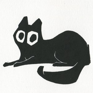 Pequeño gato negro en linóleo - Grabado de animales de 7 x 5 - Impresión de gato pequeño con bordes deshilachados - Arte de gatos - Ilustración de gatito con linda impresión en bloque en linóleo