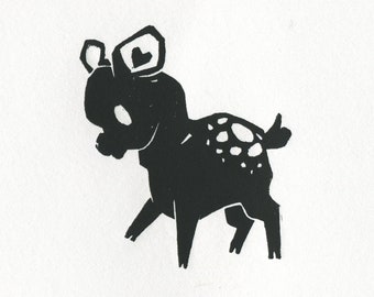 Reh Rehkitz Linoldruck Druckgrafik - 200x180 - Büttenrand Kleiner Druck - Kleine Tier Illustration - Wald Deko Dekor Linoldruck Kinderzimmer