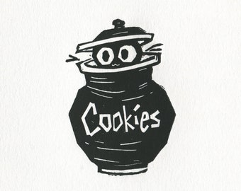 Black Cat Kitten Cookie Jar Original Cute Linocut Printmaking - 5x7 Animal Art - Deckle Edge - Small Wall Art Print Illustration Linoprint