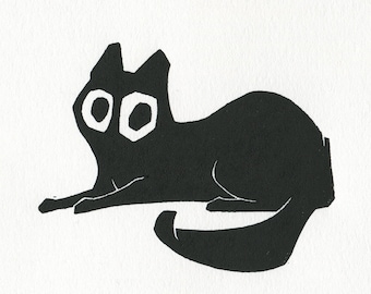 Little Black Cat Lino - Printmaking 7x5 Animal Art - Deckle Edge Small Cat Print - Cat Art - Cute Block Print Kitten Illustration Linoprint