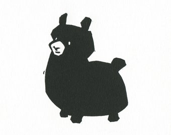 Alpaca Linocut - Handmade Printmaking 5x3.5 Chibi Animal Art Deckle Edge Tiny Llama Print Cute Block Print Farm Illustration Lino Black Ink