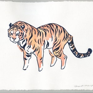 Watercolor Tiger Linocut - Printmaking 8x10 Animal Art - Deckle Edge Block Print - Big Cat Art - Colorful Wildlife Illustration Linoprint