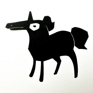 May include: Black and white illustration of a stylized horse with a long snout and a short tail.