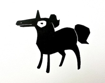 Unicorn Lino - Printmaking 5x7 Unique Art - Deckle Edge Horse Print - Mythical Creature - Cute Block Print Simple Illustration Linocut