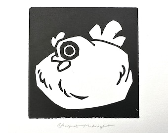 Chicken Linocut - Handmade Printmaking - 5x5 Cottage Art - Farmhouse - Cute Bird Block Print Original Hen Lino Mini Linoprint