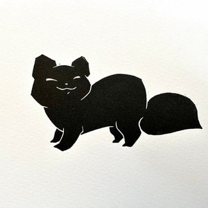 Fluffy Black Cat Lino - 7x5 Animal Art - Deckle Edge Feline Print - Cat Art - Cute Block Print Kitten Ink Original Illustration Linoprint