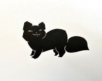 Fluffy Black Cat Lino - 7 x 5 dierlijke kunst - katachtige print deckle edge - kat kunst - schattige blokdruk kitten inkt originele illustratie linodruk