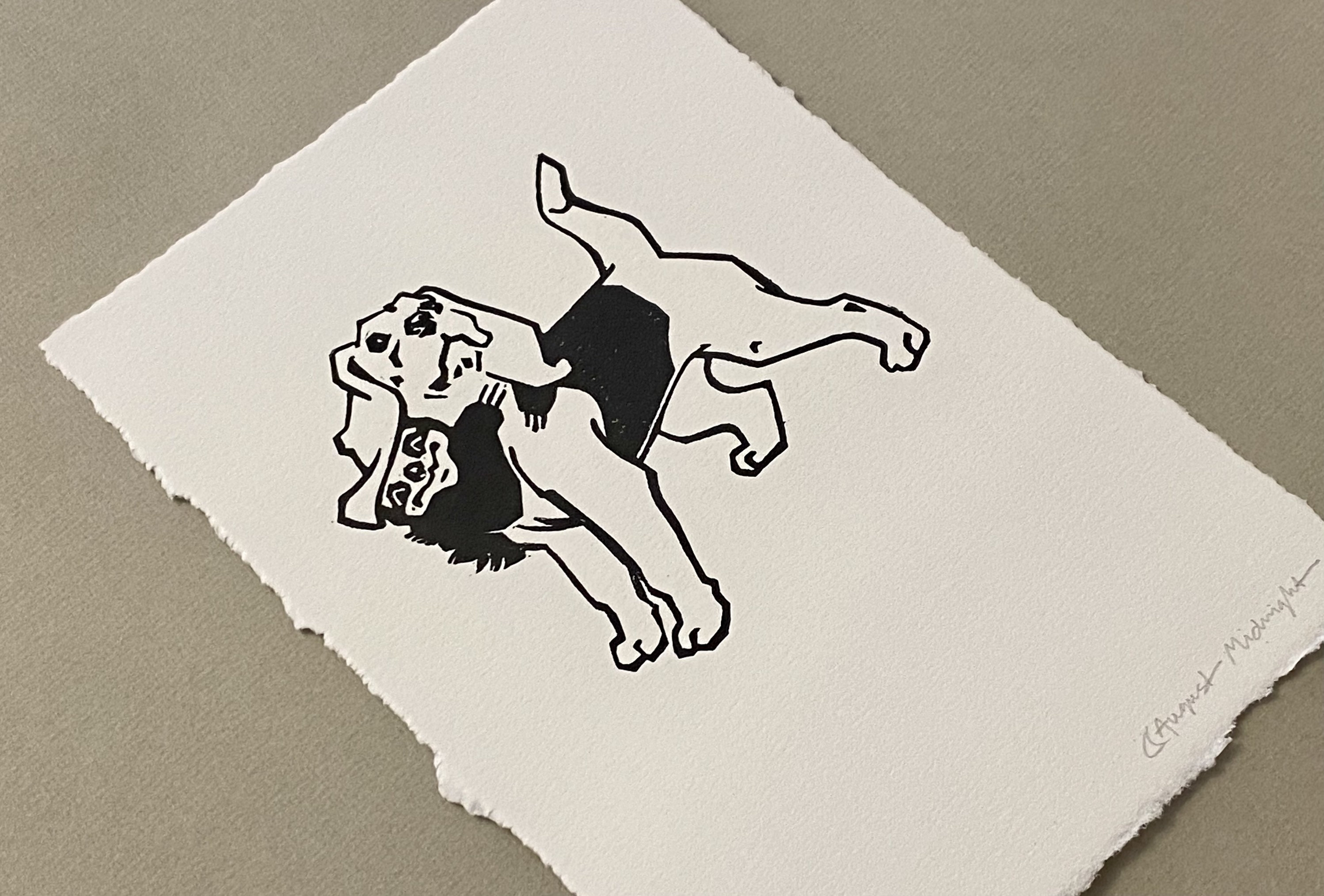 Beagle Baby Sloth Friends Original Cute Linocut Printmaking - 5x7 Animal Art - Deckle Edge - Pet Print Drawing Linoprint Dog Illustration
