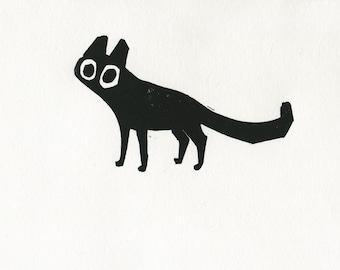 Pequeño gato negro Linograbado - Grabado - Arte animal 7x5 - Deckle Edge Small Cat Print - Arte - Linda decoración de pared gatito ilustración Linoprint