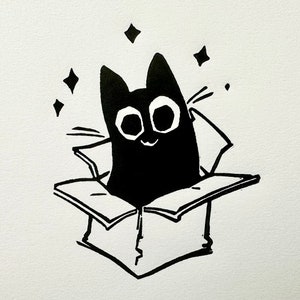 Gato negro jugando original lindo Linograbado grabado 5x7 arte animal - Deckle Edge - gato mascota en una caja de cartón imprimir dibujo Linoprint felino