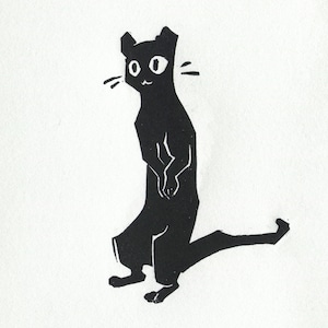 Little Black Cat III Linocut - Printmaking - 5x7 Cute Pet Art - Deckle Edge Small Cat Print Lino - Wall Decor Kitty Illustration Linoprint