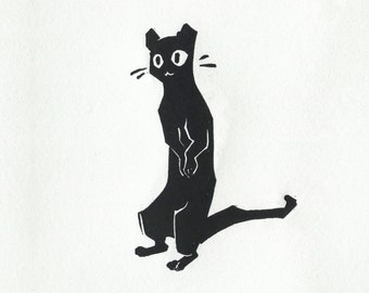 May include: Black and white illustration of a cat standing on all fours with its tail curled around its body. The cat has large, round eyes and a surprised expression.