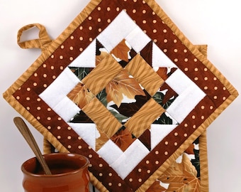 Brilliant Maple Leaf Potholders.  Handmade, 100% Cotton, Set of Two, 8" Square