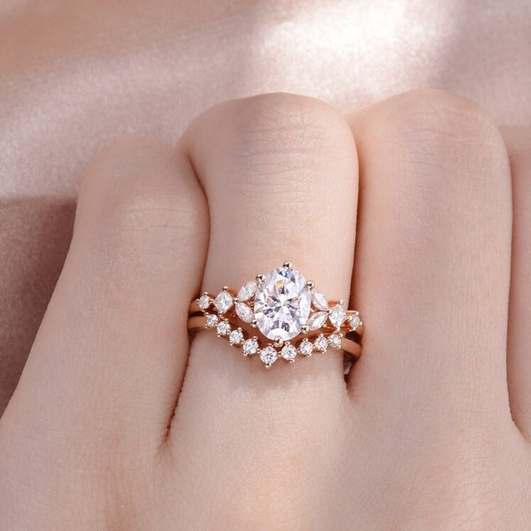 Vintage Moissanite Engagement Ring Set Rose Gold Bridal Ring Oval Marquise shape Cluster Split Band Curved Wedding Ring Half Eternity Gift