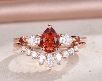 Sunstone Engagement Bridal Set Rose Gold Ring Pear Sunstone Cluster Marquise Moissanite Curved Wedding Ring Half Eternity Ring Gift For Her