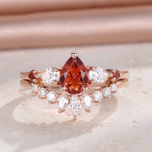 Sunstone Engagement Bridal Set Rose Gold Ring Pear Sunstone Cluster Marquise Moissanite Curved Wedding Ring Half Eternity Ring Gift For Her