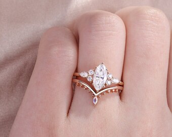 Marquise Moissanite Engagement Ring Set Rose Gold Wedding Band Women Marquise Moonstone Cluster Curved Band Ring Milgrain Gift For Her 2pcs