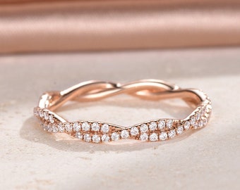 Fede nuziale minimalista con diamanti, anello nuziale completo eternità con moissanite, anello sottile in oro rosa vintage, anello nuziale, regalo di anniversario per lei