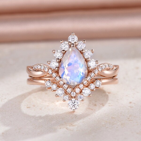 Vintage Moonstone Engagement Ring Set Rose Gold Pear Shape Moissanite Cluster Twist Wedding Band Women Curved Half Eternity Anniversary Gift