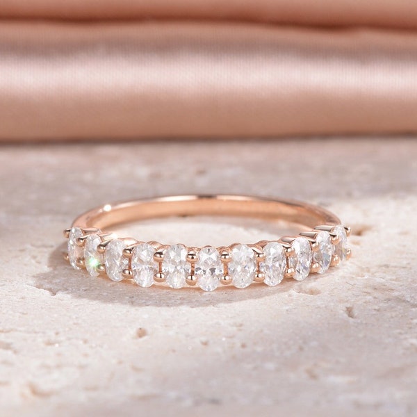Moissanite Wedding Band Women Rose Gold Ring Oval Shape Half Eternity Wedding Band Dainty Matching Stacking Women Band Promise Ring For Her