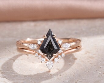 Kite Shape Black Rutilated Quartz Engagement Ring Set Rose Gold Weddind Band Women Marquise Pear Moissanite Cluster Curved Dainty Band Ring