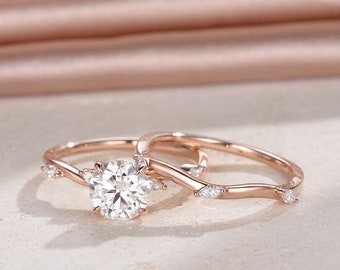 Solitaire Diamond Engagement Ring Set Rose Gold Moissanite Minialist Wedding Ring Dainty Bridal Set Vine Leaf Marquise Ring Anniversary Gift