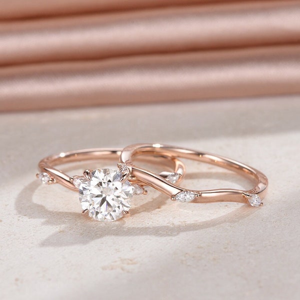 Solitaire Diamond Engagement Ring Set Rose Gold Moissanite Minialist Wedding Ring Dainty Bridal Set Vine Leaf Marquise Ring Anniversary Gift