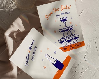 Save the Date & Rehearsal | Pop Art Simple Trendy Minimal Hand-Drawn Wine and Cocktail Glasses Canva Editable Template | 007