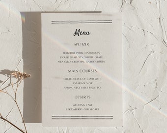 Wedding Menu & Place Card | Simple Minimal Whimsical Hand-Drawn Line Ribbons with Cute Borders Canva editable template | 002