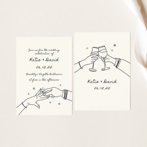 Wedding Invitation RSVP & Details Set Simple modern line hand-drawn hands and rings illustrations scribble Canva editable template 001 image 5