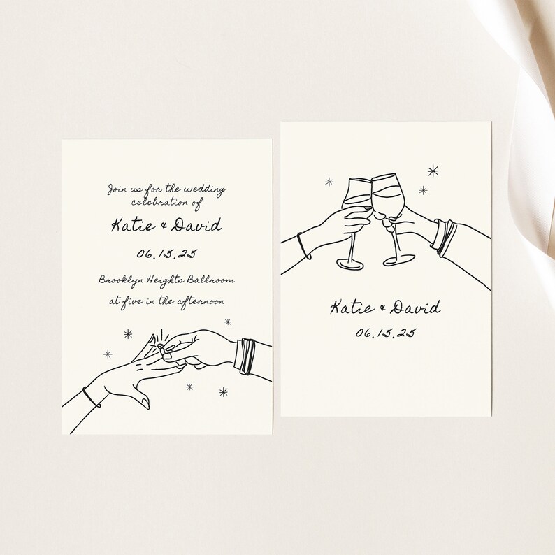 Wedding Invitation RSVP & Details Set Simple modern line hand-drawn hands and rings illustrations scribble Canva editable template 001 image 5