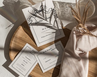 Wedding Invitation RSVP & Details Set | Simple Minimal Whimsical Hand-Drawn Line Ribbons with Cute Borders Canva Editable Template | 002