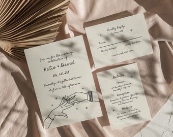 Wedding Invitation RSVP & Details Set | Simple modern line hand-drawn hands and rings illustrations scribble Canva editable template | 001