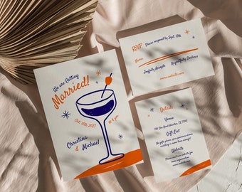 Wedding Invitation RSVP & Details Set | Pop Art Trendy Simple Minimal Hand-Drawn Wine and Cocktail Glasses Canva Editable Template | 007