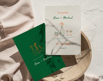 Save the Date & Rehearsal | Hand-Drawn Whimsical Simple Line Scribble Wine Table Illustrations Calligraphy Canva Editable Template | 004