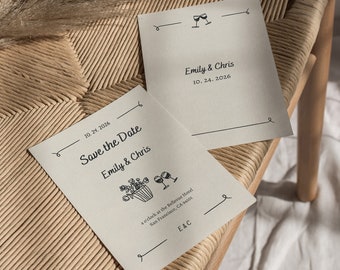 Save the Date & Rehearsal | Simple Hand-drawn French-style line table with flowers scribble illustrations Canva Editable Template | 005