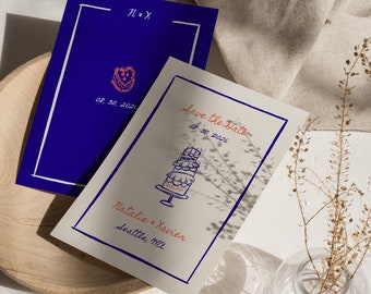 Save the Date & Rehearsal | Minimal Whimsical Hand-Drawn Cake Flowers and Wine Table Setting Canva Editable Template | 006