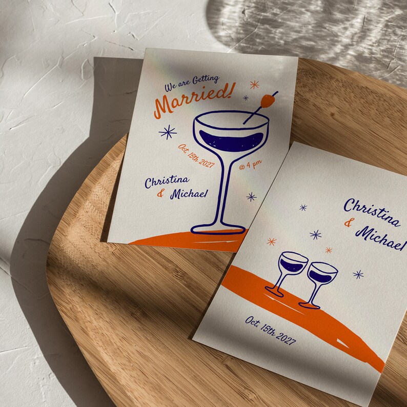 Wedding Invitation RSVP & Details Set Pop Art Trendy Simple Minimal Hand-Drawn Wine and Cocktail Glasses Canva Editable Template 007 image 2