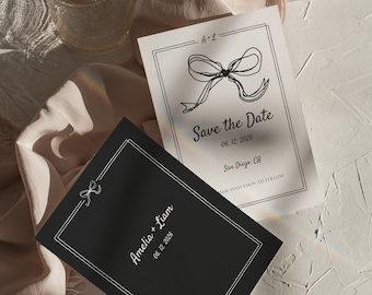 Save the Date & Rehearsal | Simple Whimsical Chic Minimal Hand-Drawn Line Ribbons with Cute Borders Canva Editable Template | 002