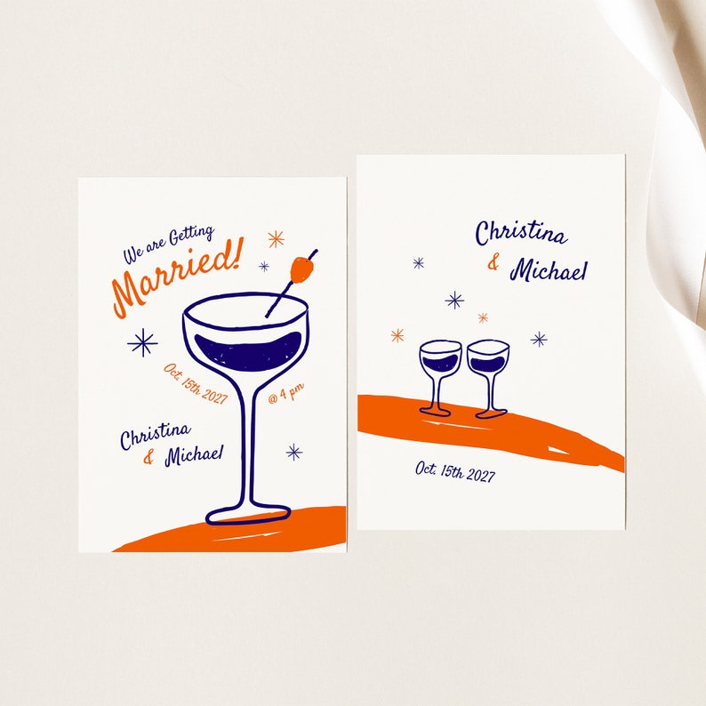 Wedding Invitation RSVP & Details Set Pop Art Trendy Simple Minimal Hand-Drawn Wine and Cocktail Glasses Canva Editable Template 007 image 5