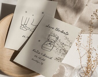 Save the Date & Rehearsal | Simple modern line hand-drawn hands and rings illustrations scribble Canva editable template | 001
