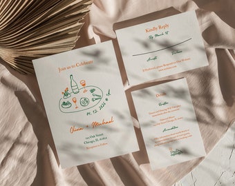 Wedding Invitation RSVP & Details Set | Hand-Drawn Whimsical Simple Line Scribble Wine Table Illustrations Canva Editable Template | 004