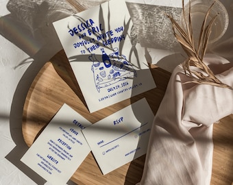 Wedding Invitation RSVP & Details Set | Hand-Drawn Whimsical Simple Line Scribble Wedding Table Illustrations Canva Editable Template | 008