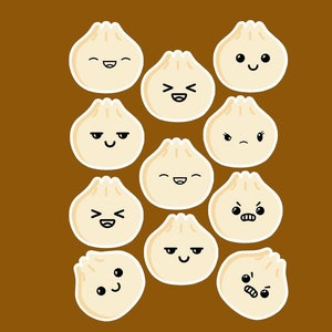 May include: A collection of 12 cartoon dumplings with different facial expressions. The dumplings are white with black eyes and mouths.