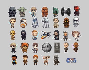 May include: A collection of Star Wars character stickers in a cartoon style. The stickers feature characters like Darth Vader, Yoda, Luke Skywalker, Chewbacca, and others. The Star Wars logo is also included.
