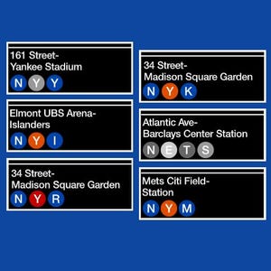 May include: Six rectangular black signs with white text on a blue background. The signs display New York transit-style station names including 161 Street-Yankee Stadium, 34 Street-Madison Square Garden, Elmont UBS Arena-Islanders, Atlantic Ave-Barclays Center Station, and Mets Citi Field-Station, each featuring circular letter icons.