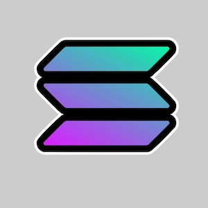 May include: A sticker with a layered design, featuring three overlapping shapes in a gradient of blue, green, and purple. The shapes are outlined in black and have a white border.