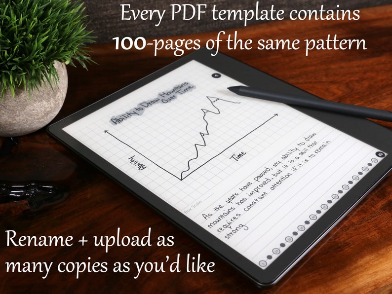 May include: A black and gray e-reader with a stylus pen. The screen displays a graph titled "Ability to Draw Mountains Over Time" with handwritten text below the graph. The text reads: "As the years have passed, my ability to draw mountains has improved, but it is a skill that requires constant attention if it is to remain strong."